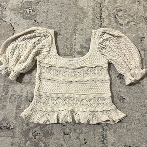 Zara Women's Crochet Peplum Puff Sleeve Boho Romantic Cottagecore Top Size Small